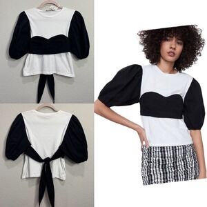 Zara Bustier Top Puff Sleeve Tie Back White Black Blouse Small Lightweight‎ Bow